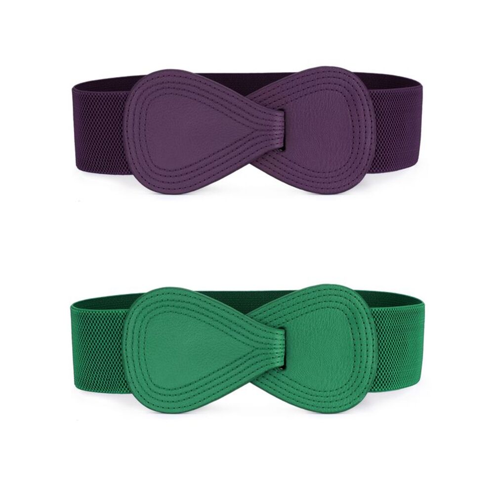 2pcs Plus Size Elastic Waist Belt Interlock 8-shaped Faux Leather Buckle Belts